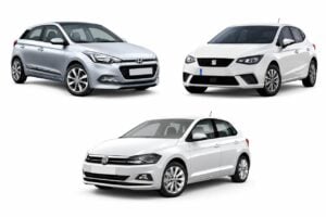 Comparison of Category D rental cars in Tenerife featuring a Seat Ibiza, Hyundai i20 and Volkswagen Polo on a clean white background.