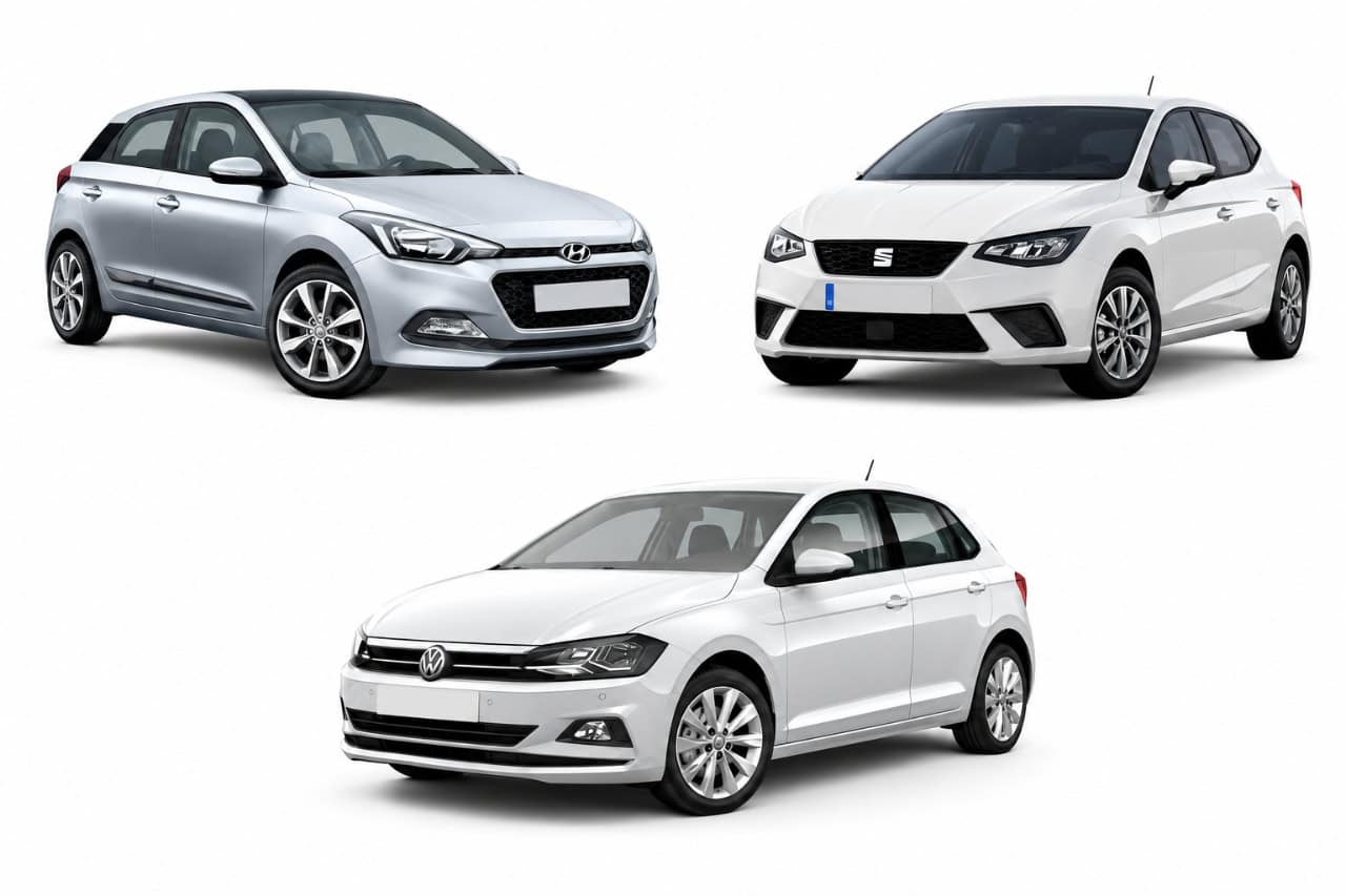 Comparison of Category D rental cars in Tenerife featuring a Seat Ibiza, Hyundai i20 and Volkswagen Polo on a clean white background.