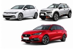 Category E rental cars in Tenerife featuring a white Volkswagen Golf, silver Citroën C4, and red SEAT León displayed on a white background.