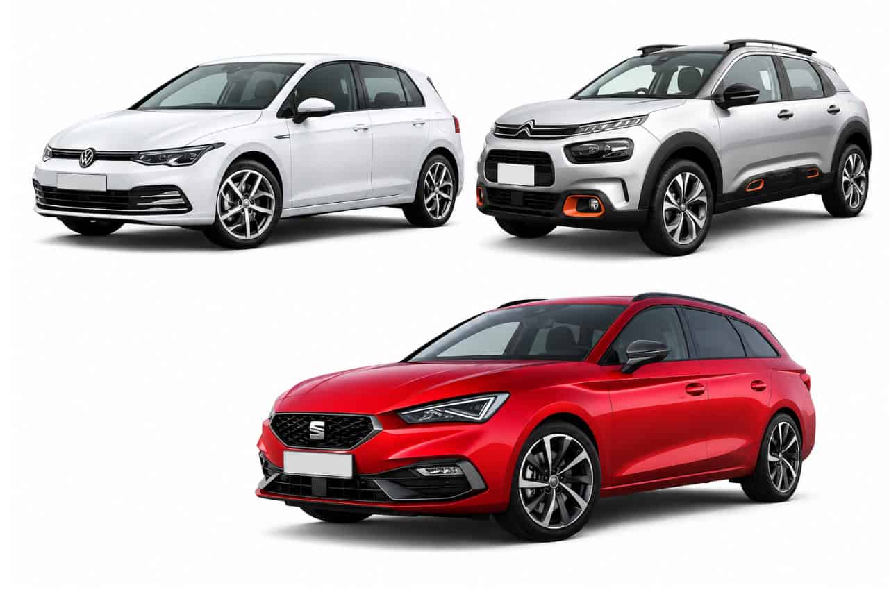 Category E rental cars in Tenerife featuring a white Volkswagen Golf, silver Citroën C4, and red SEAT León displayed on a white background.
