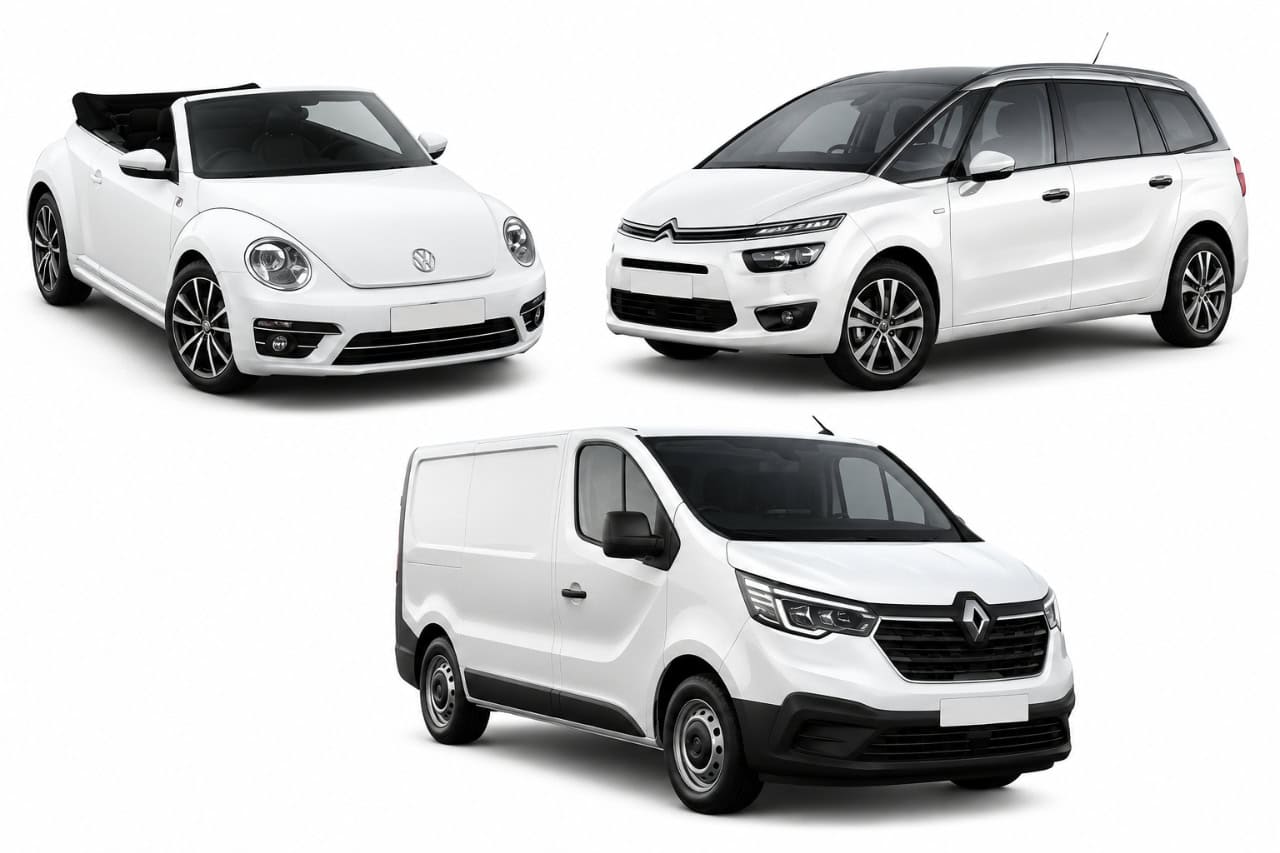 Category F rental vehicles in Tenerife including a white Volkswagen Beetle Cabrio, Citroën C4 Picasso, and Renault Trafic van displayed on a white background.