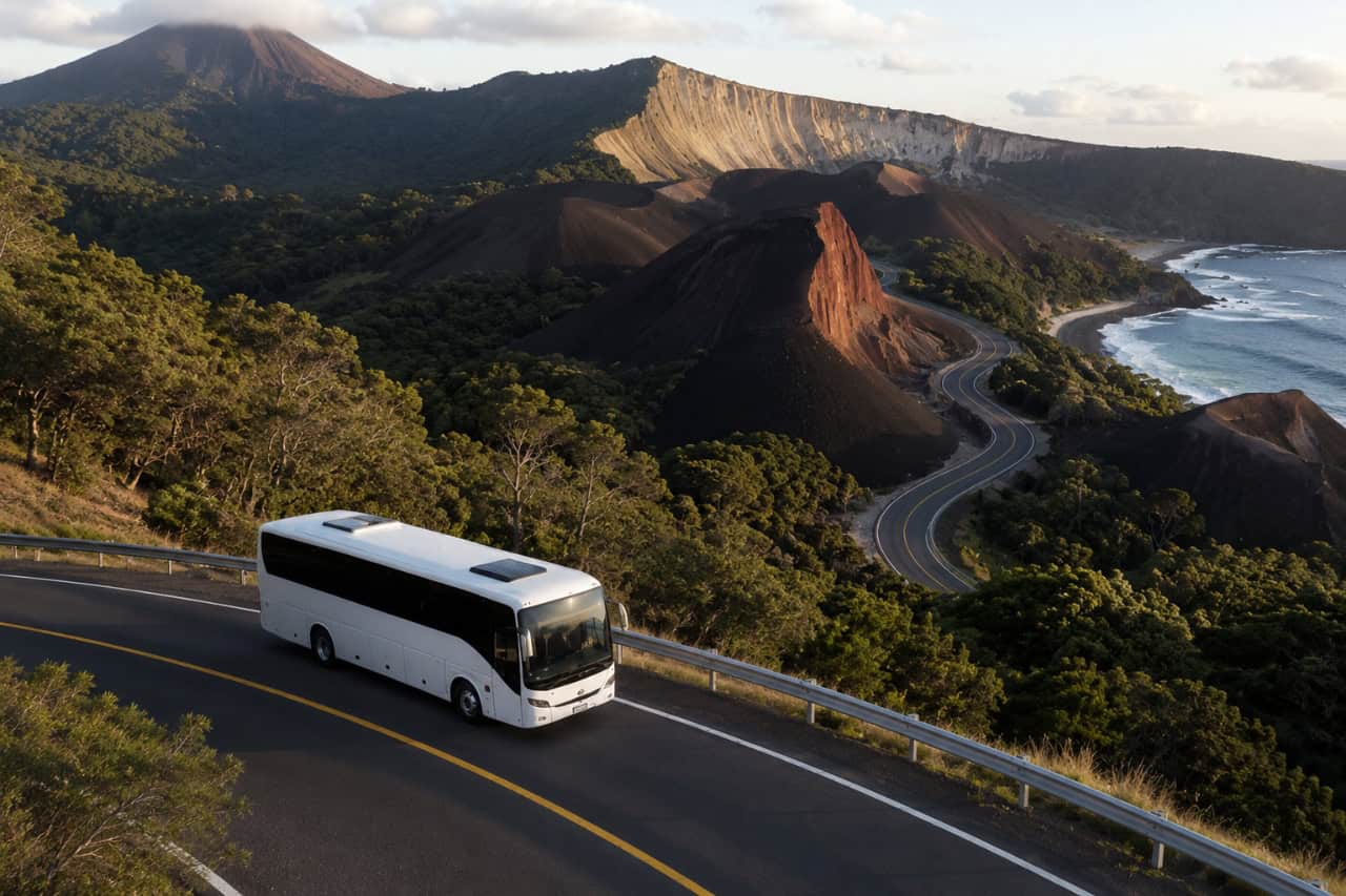 Modern coach bus driving along a scenic coastal road with volcanic landscapes and ocean views during a day trip from Tenerife to El Hierro.