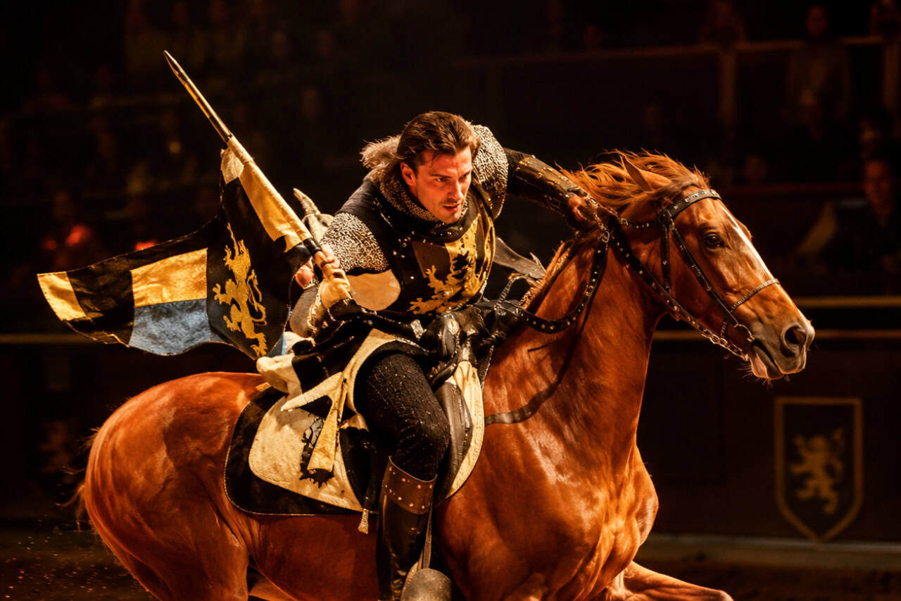 Armored knights clash with halberds and swords during a live medieval combat performance at Medieval Adventure Tenerife, with spectators watching from the arena stands.