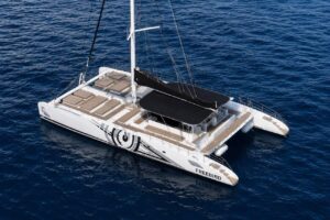 Aerial view of the Freebird catamaran sailing on the Atlantic Ocean during a whale watching tour from Puerto de la Cruz in Tenerife