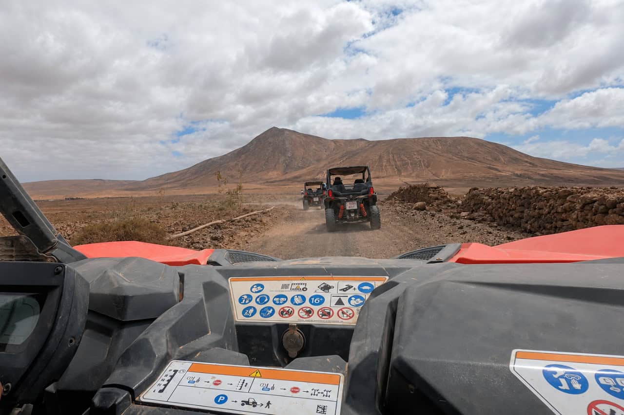 Driver view from inside a Can-Am buggy on the Fuerteventura off-road safari