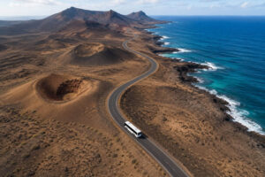 Aerial drone view of a sightseeing bus driving along Fuerteventura's volcanic coastline, passing dramatic craters, rugged lava landscapes, and the turquoise Atlantic Ocean during an island tour.