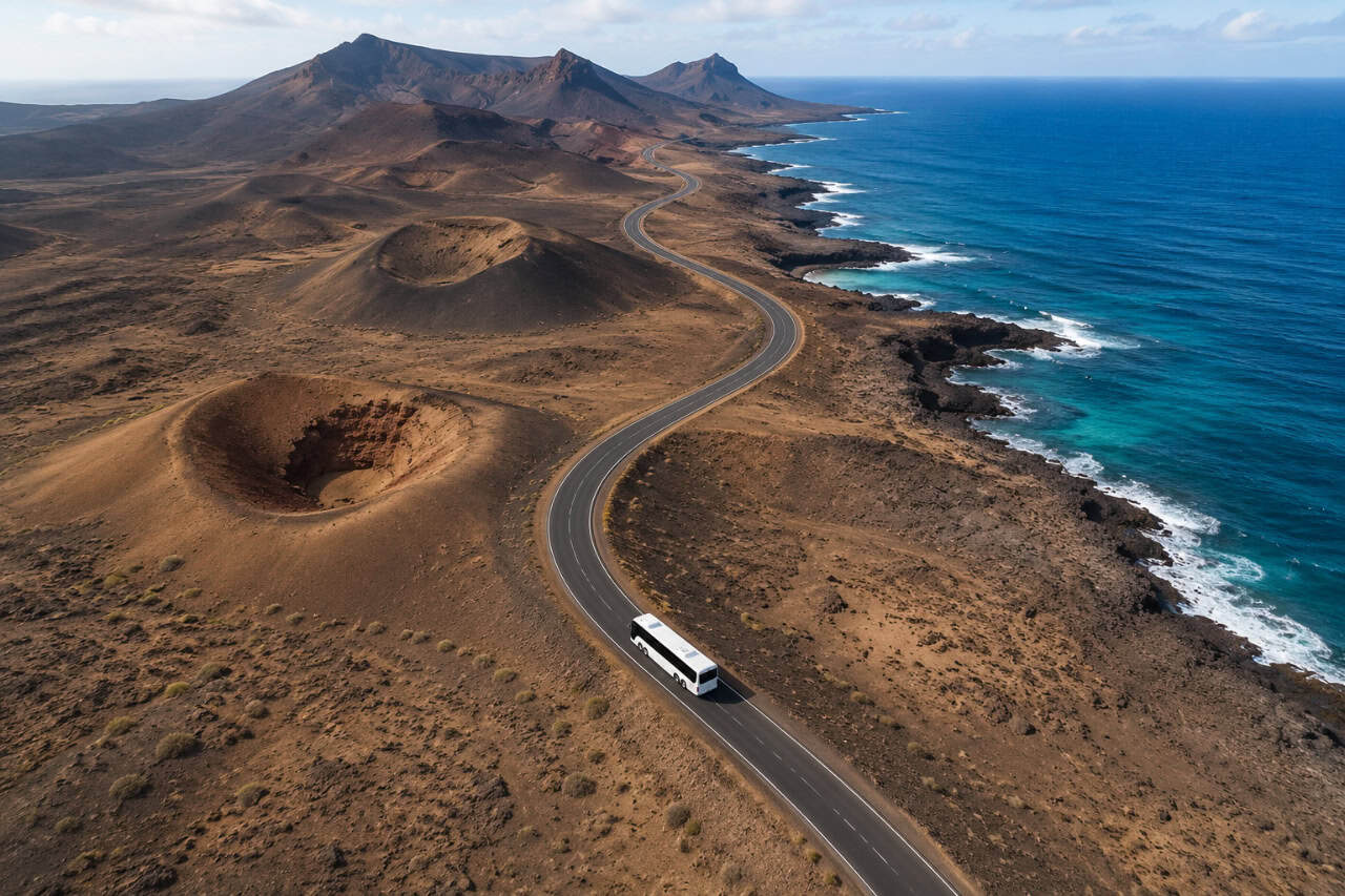 Aerial drone view of a sightseeing bus driving along Fuerteventura's volcanic coastline, passing dramatic craters, rugged lava landscapes, and the turquoise Atlantic Ocean during an island tour.