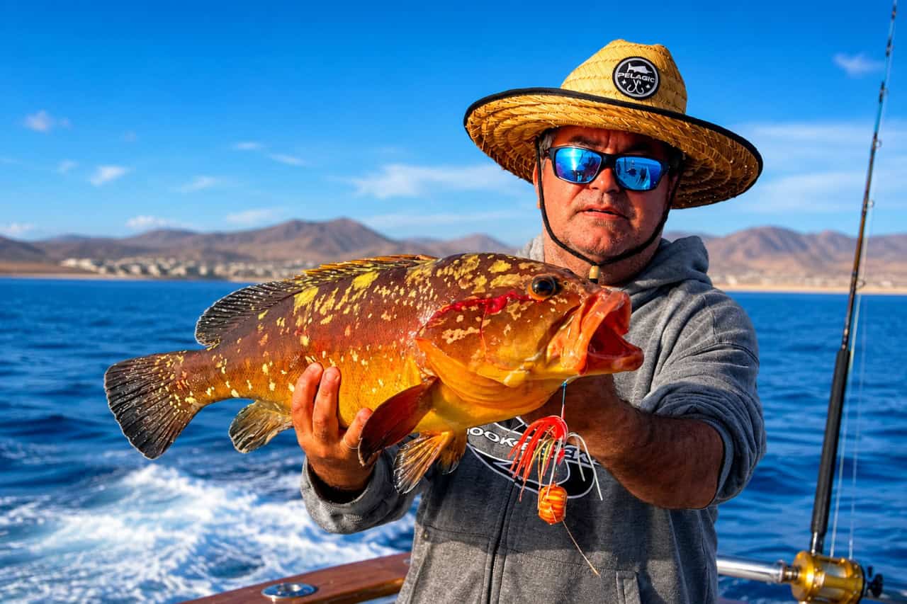 Angler holding a large grouper caught on a fishing trip from Caleta de Fuste, Fuerteventura