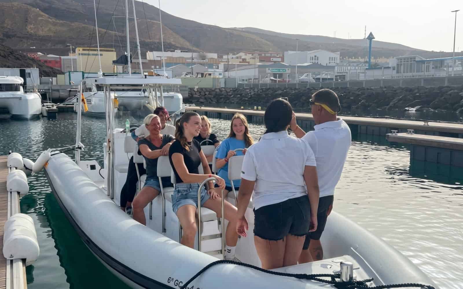 Guests on a whale watching boat in Morro Jable, Fuerteventura