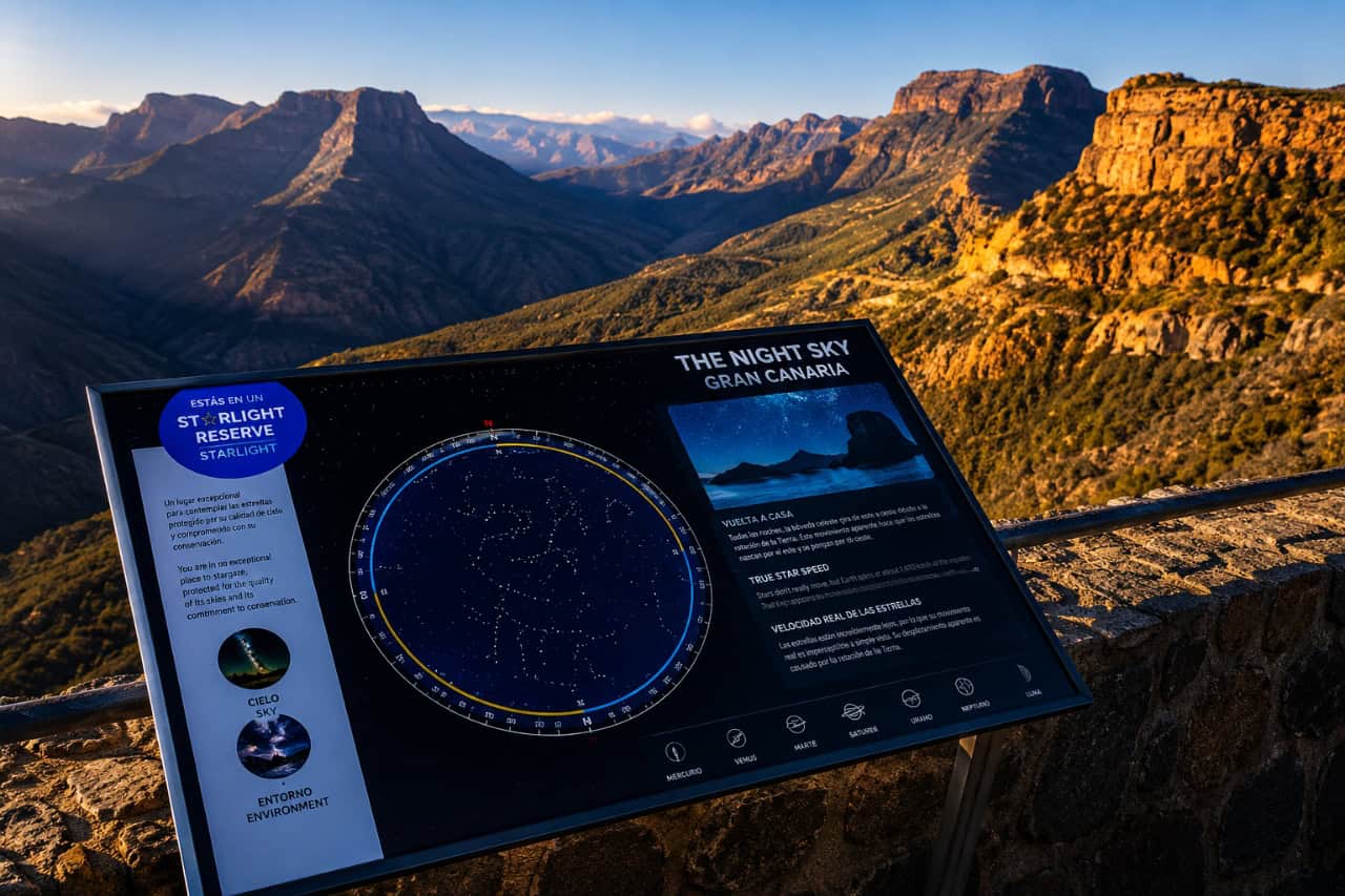 Information panel about the night sky overlooking the mountains of Gran Canaria from a scenic stargazing viewpoint.
