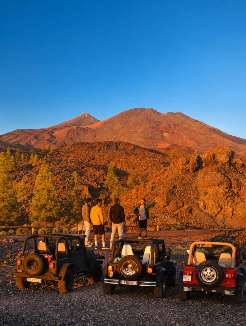 Guide Stop On The Tenerife Self-Drive Jeep Tour A Club Canary local guide explaining the volcanic landscape at a scenic stop on the Tenerife self-drive Jeep tour.