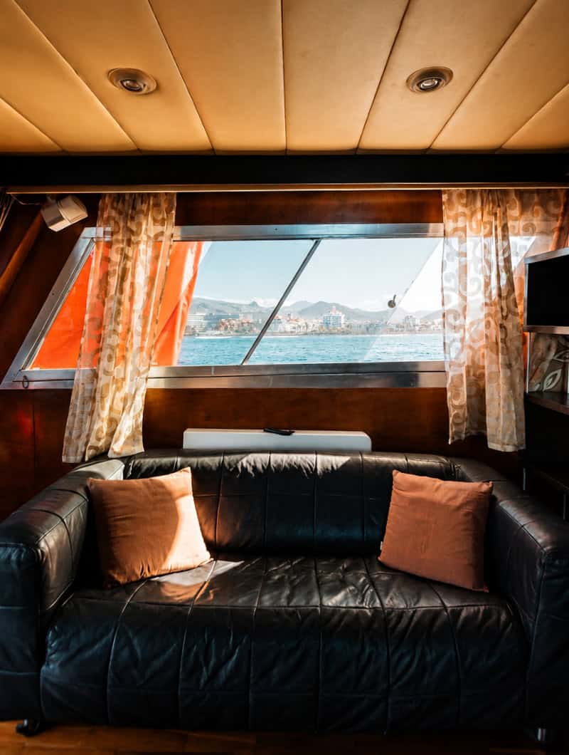 Gulliver Yacht Tenerife Indoor Sofa Indoor sofa area on the Gulliver yacht Tenerife for resting in the shade