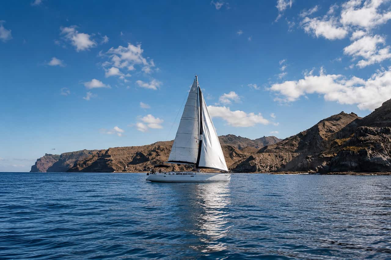The New Karolka Jeanneau Sun Odyssey 49 sailing yacht under sail along the south west coast of Gran Canaria