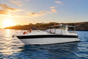 Luxury motor yacht cruising along Tenerife's coastline at sunset, with guests relaxing on deck and enjoying a private evening yacht charter on the Atlantic Ocean.