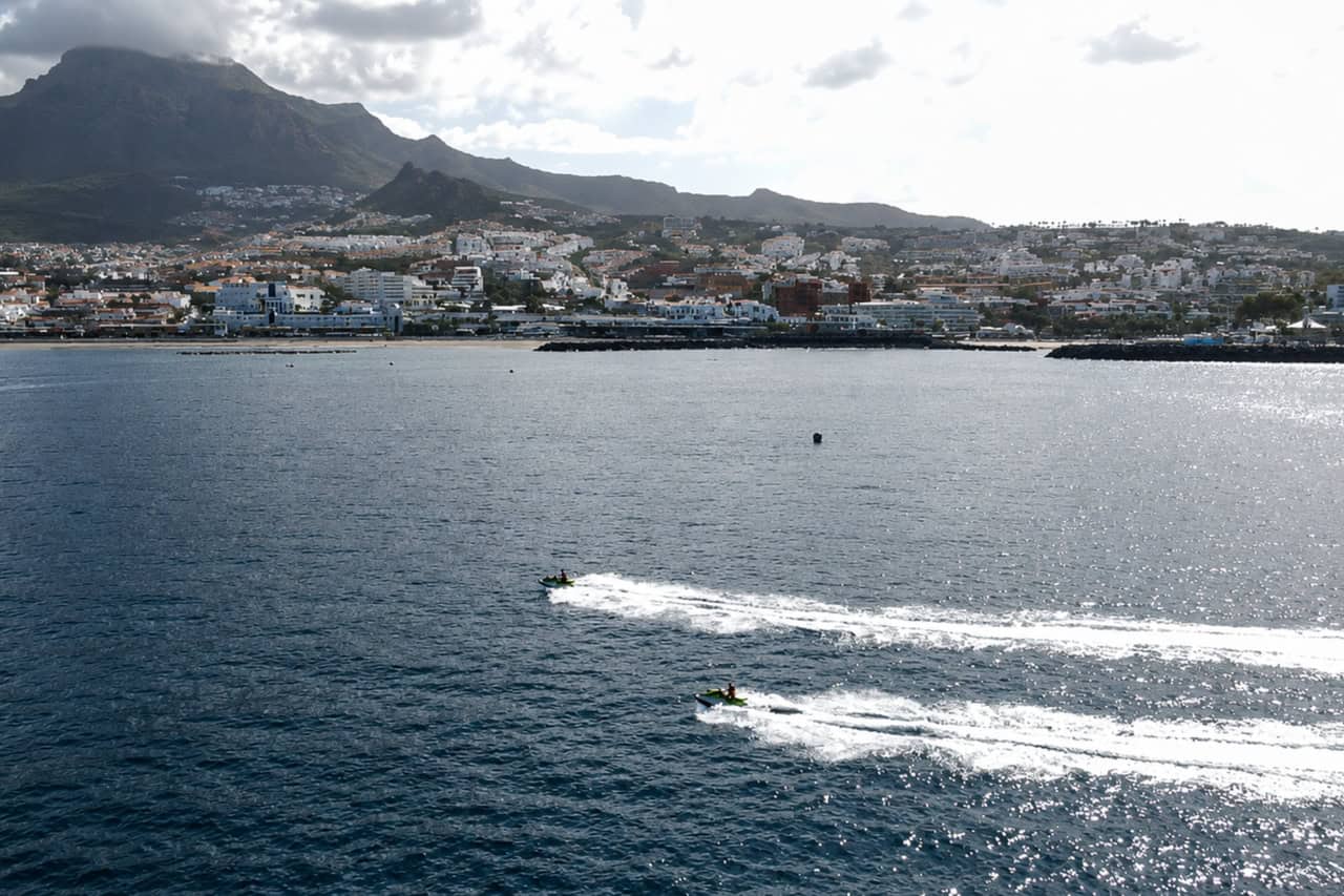 One-hour jet ski rental in Tenerife with two riders crossing the ocean near Costa Adeje during an exciting guided trip.