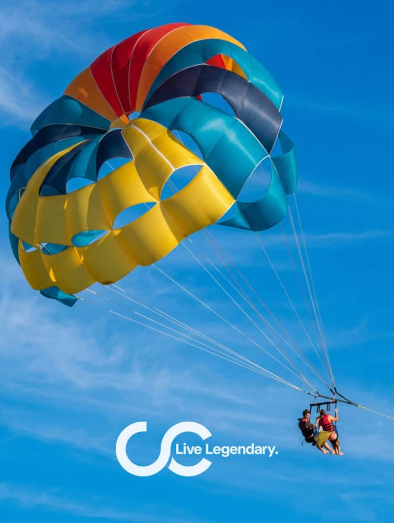 A couple parasailing together on one parachute over the sea in Gran Canaria, Live Legendary