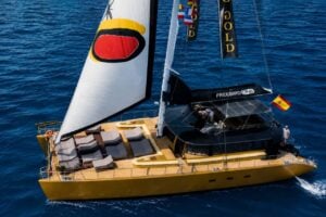 Luxury catamaran sailing from Puerto Colón in Tenerife with spacious sunbeds, premium seating areas and panoramic ocean views during a private charter.