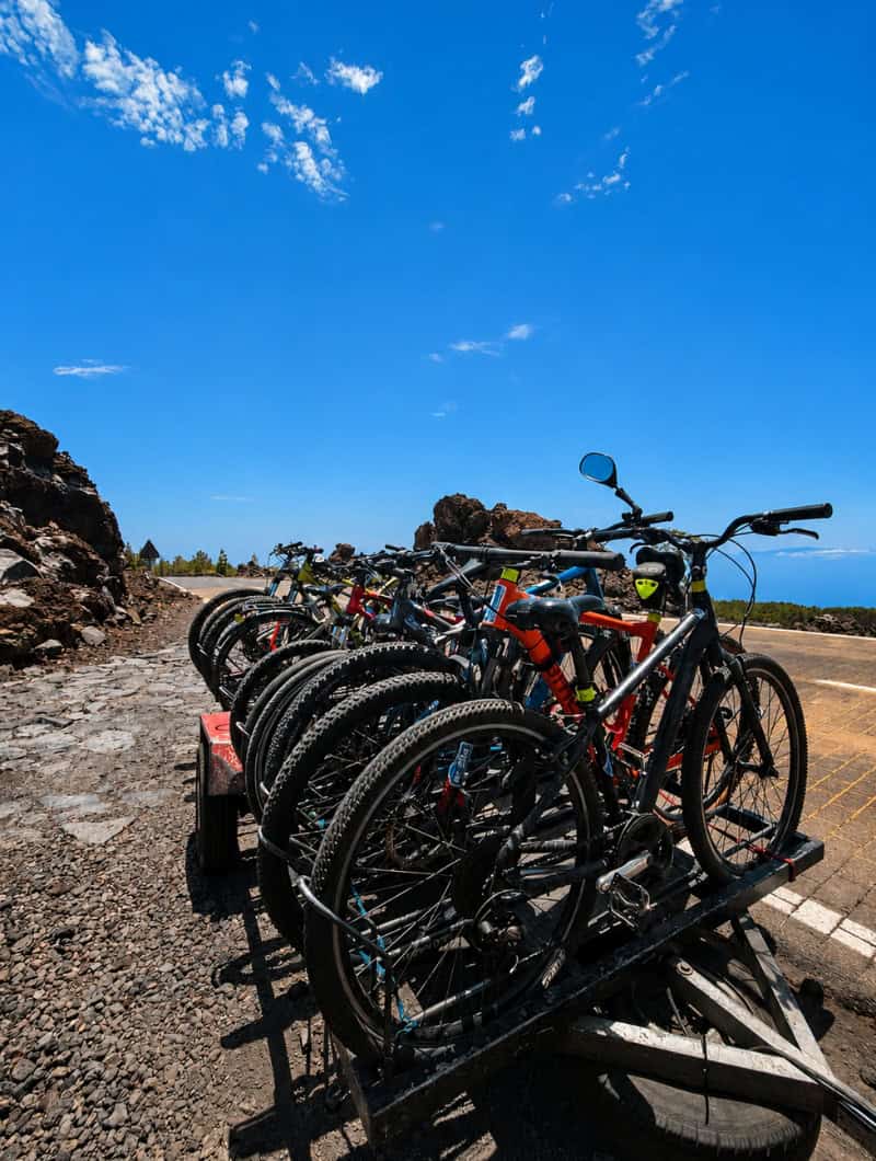 Scenic Rest Stop During the Mount Teide Bike Tour Trailer carrying spare mountain bikes at a scenic stop where guests can enjoy the views, take photos and quickly change bikes if needed.