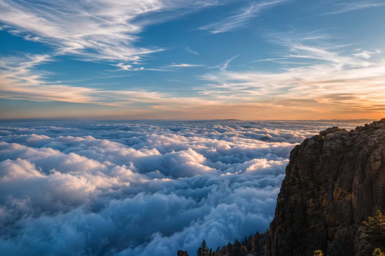 Panoramic view of the sea of clouds from a mountain viewpoint in Gran Canaria during a colorful sunset with dramatic cliffs.