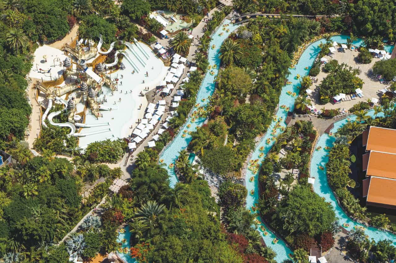Aerial view of the Mai Thai River lazy river winding through Siam Park, Tenerife