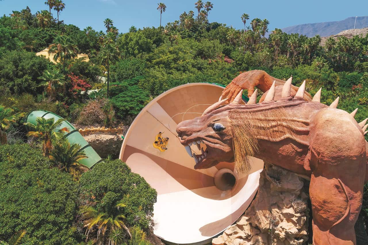 The Dragon funnel slide with its giant creature figure at Siam Park, Tenerife
