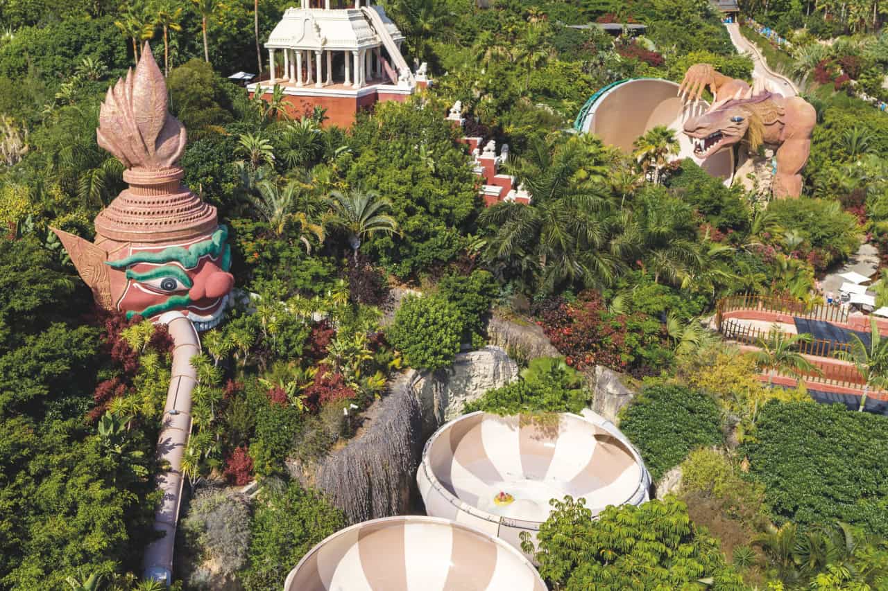 Aerial view of The Giant slide and Thai theming at Siam Park, Tenerife