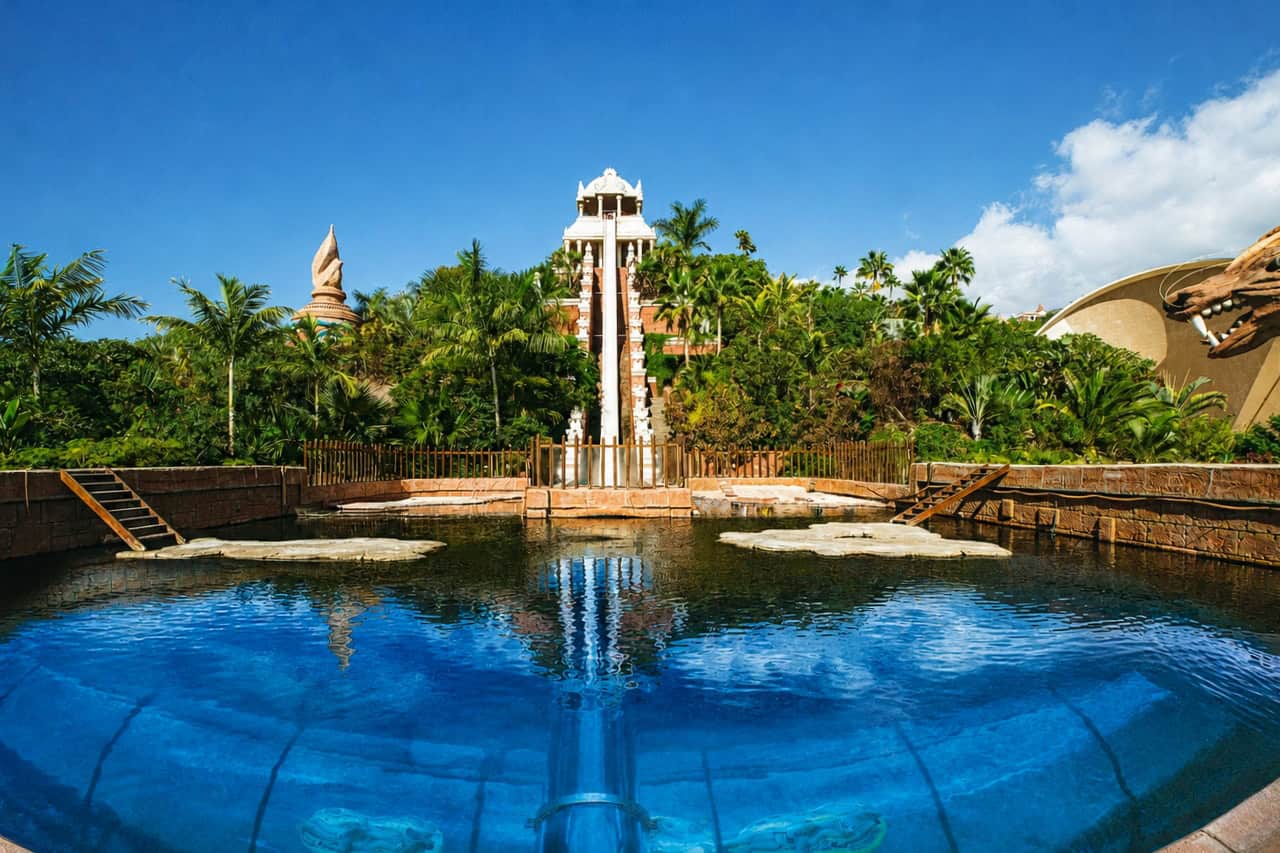 Siam Park Tower of Power slide with tropical gardens and water tunnel in Tenerife.