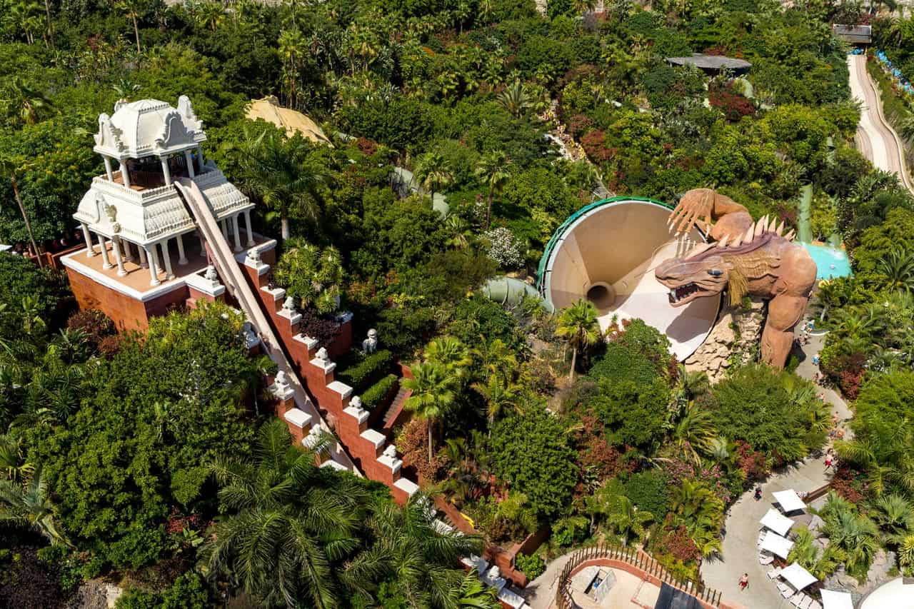Aerial view of the Tower of Power drop slide tower at Siam Park, Costa Adeje, Tenerife