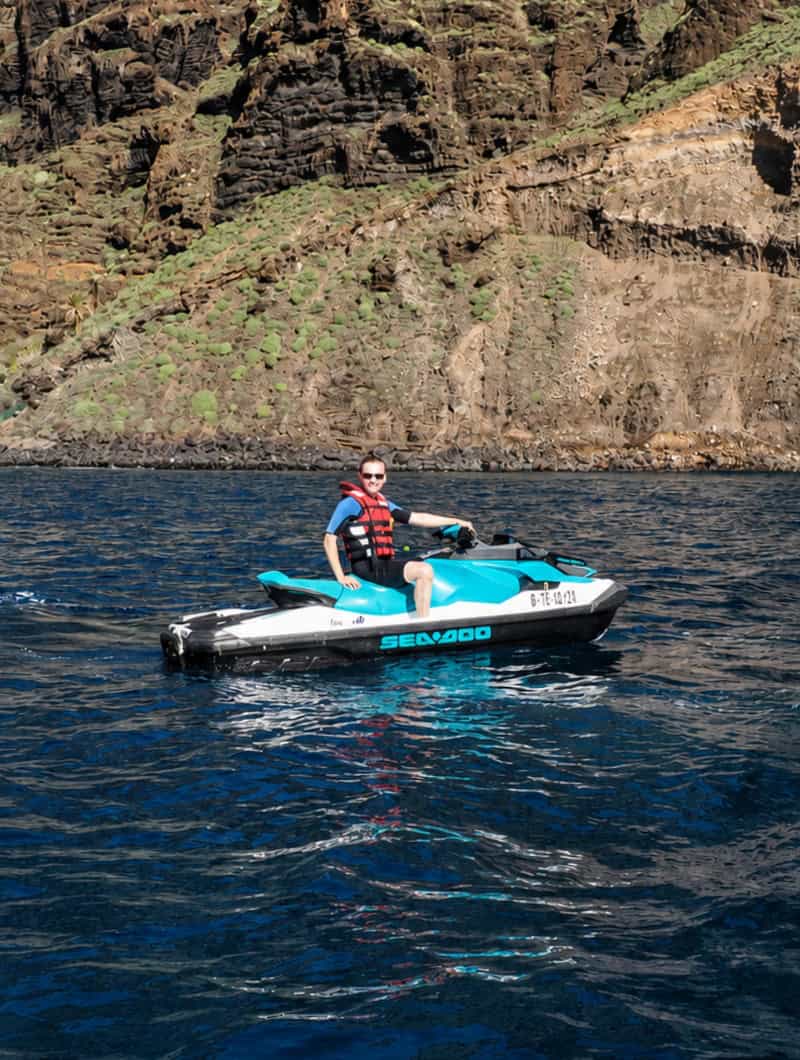 Single jet ski rider in full control during the jet ski safari Los Gigantes on the Tenerife west coast.