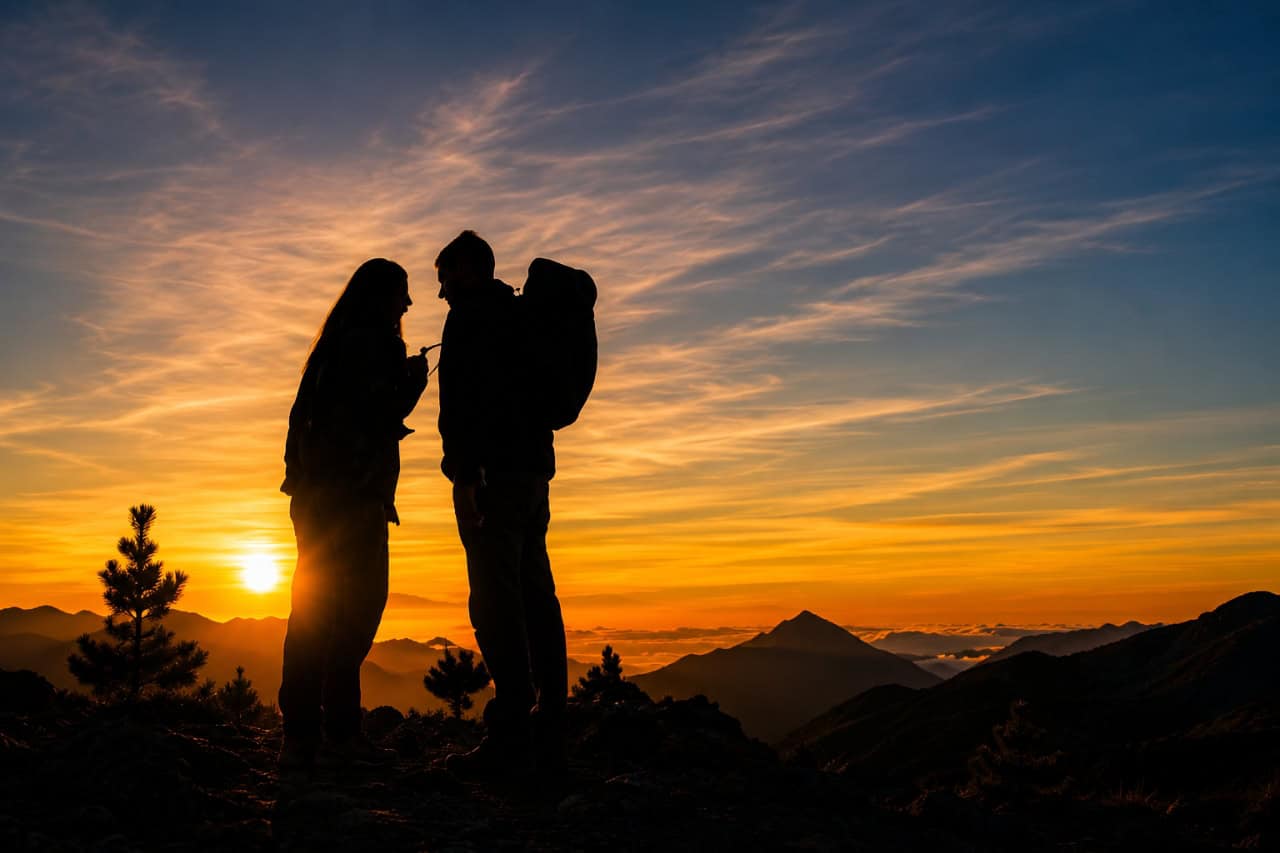 Silhouette of a couple enjoying a sunset above the clouds in the mountains of Gran Canaria with panoramic volcanic scenery.