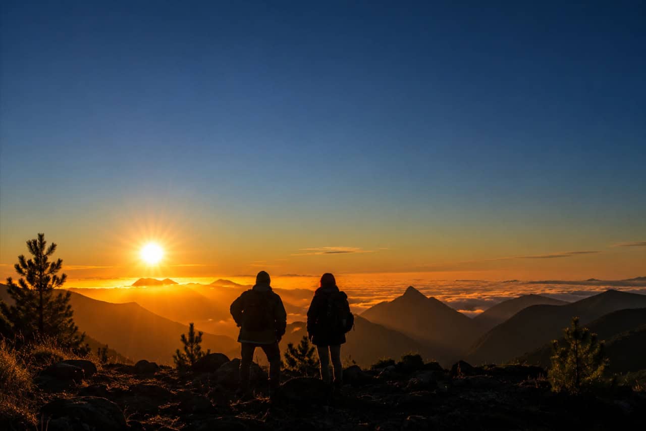 Two hikers watching the sunset above the clouds from a mountain viewpoint in Gran Canaria with panoramic volcanic landscapes.