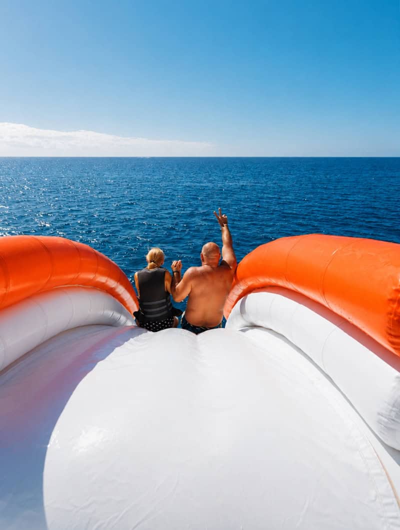 Tenerife Boat With Water Slide Experience Two guests sitting on the water slide during a private boat trip in Tenerife