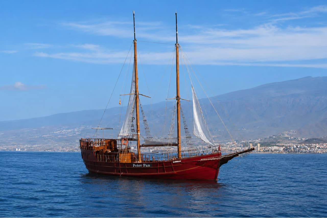 Traditional Portuguese gulet Peter Pan sailing off the coast of Los Cristianos, Tenerife during a whale watching boat trip.