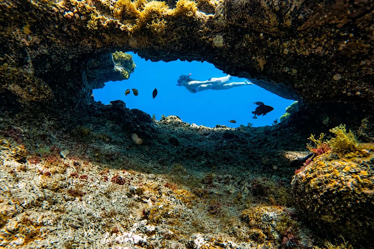 Snorkeler swimming through a natural underwater rock arch surrounded by colorful marine life during a snorkeling tour in Fuerteventura.