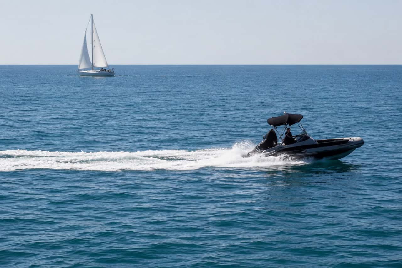 Wakeboard boat speeding across the Atlantic Ocean in Tenerife, creating the perfect conditions for a private wakeboarding experience with a sailing yacht in the background.
