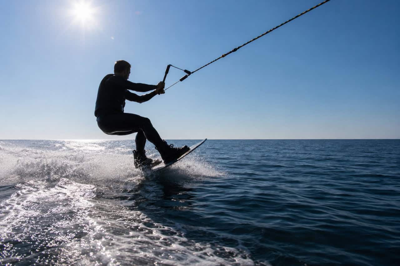 Wakeboarder carving across the calm Atlantic Ocean in Tenerife during a private wakeboarding session with golden sunlight reflecting on the water.