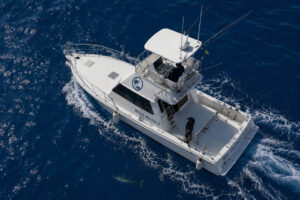 Aerial view of the White Marlin II sport fishing boat cruising through the Atlantic Ocean in Gran Canaria.