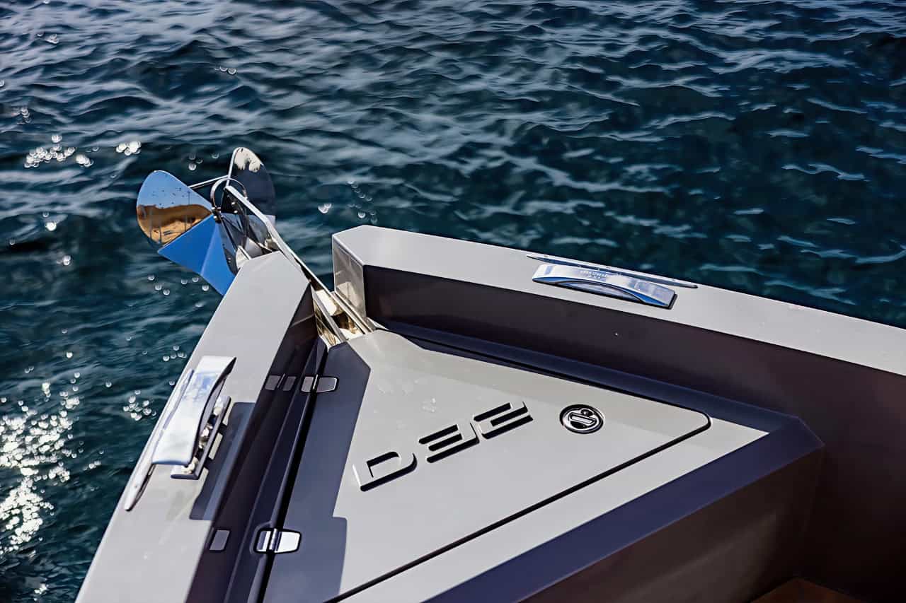 The BlackDune De Antonio D32 speedboat on blue water near the rocky south coast of Gran Canaria.