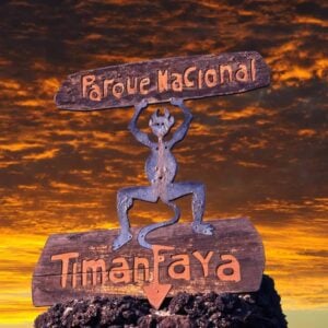 Timanfaya National Park sign at sunset in Lanzarote