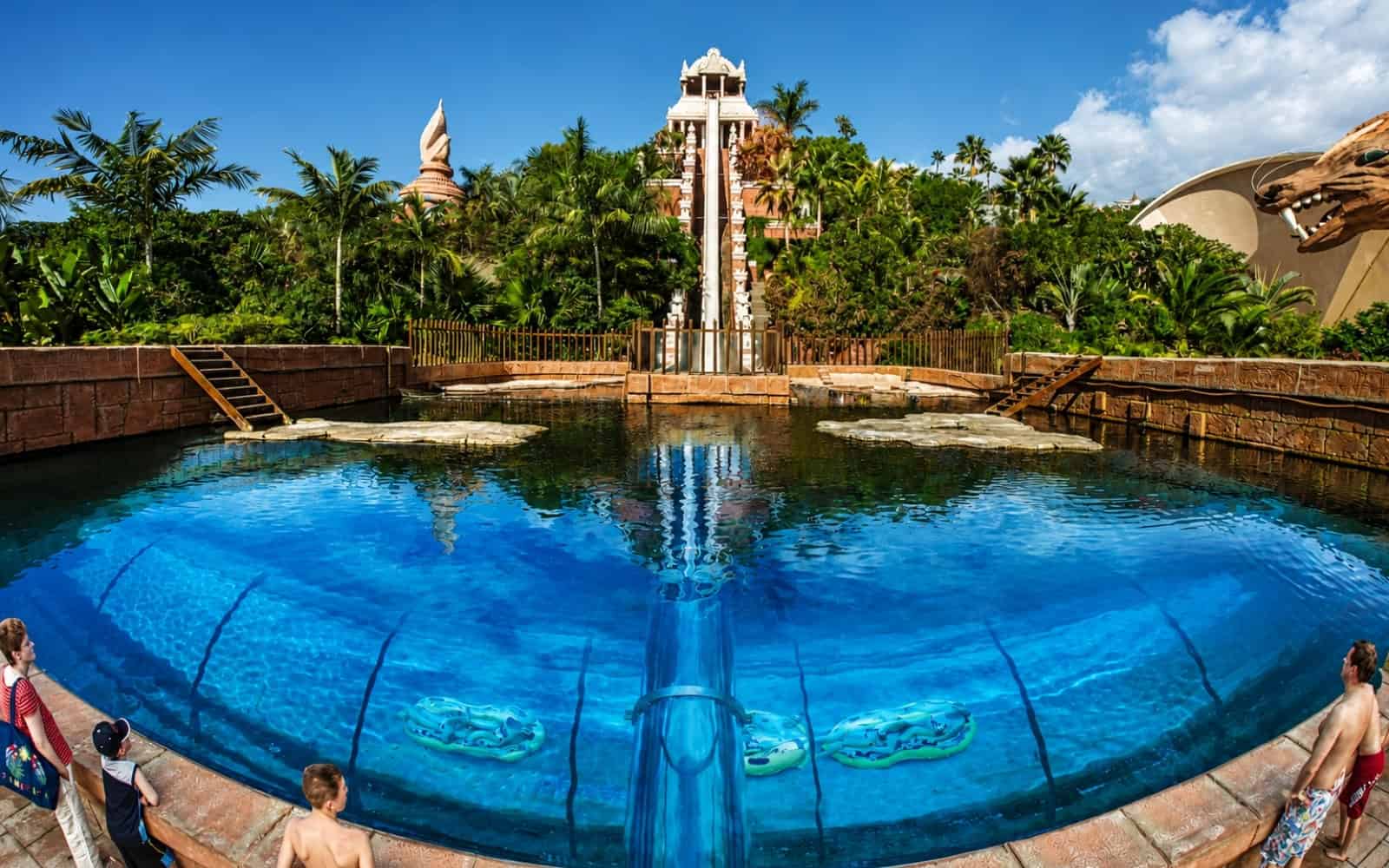 Water slide tower and pool at Siam Park in Tenerife
