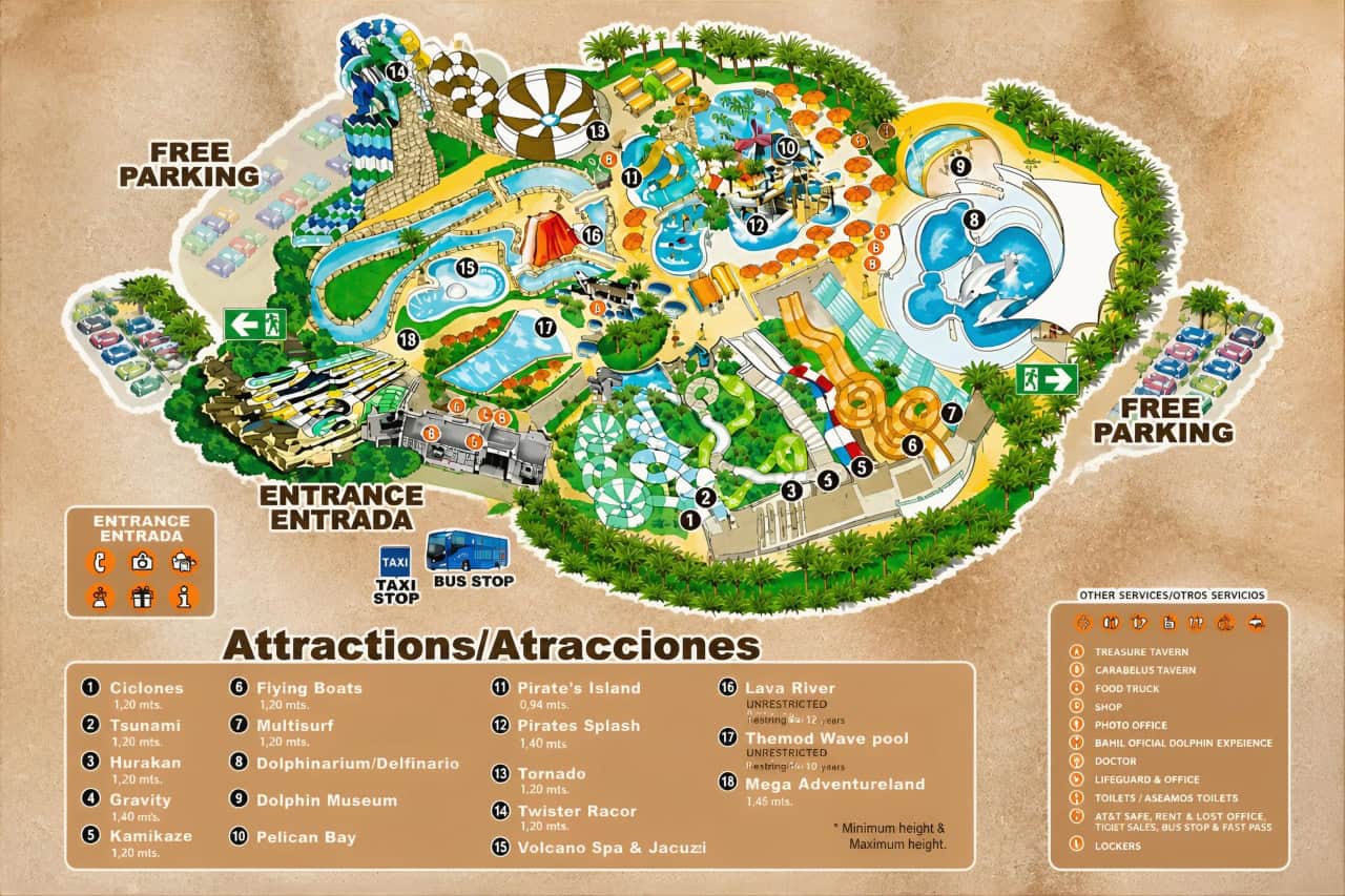 Aqualand Tenerife park map with slides, dolphin area and entrance