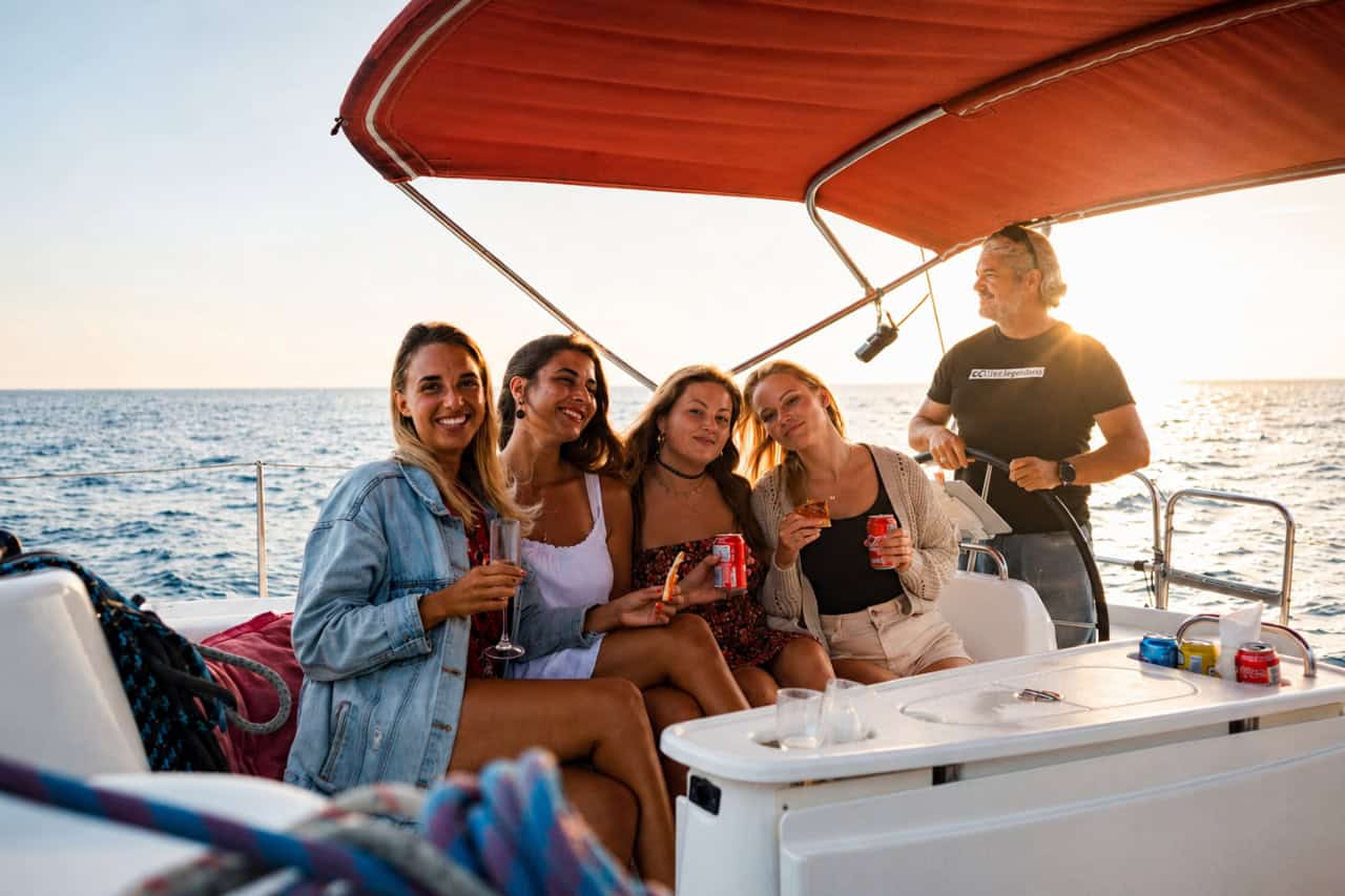 Private group enjoying drinks beneath the shaded red canopy aboard the Atlantic Star sailing boat near Costa Adeje, Tenerife.