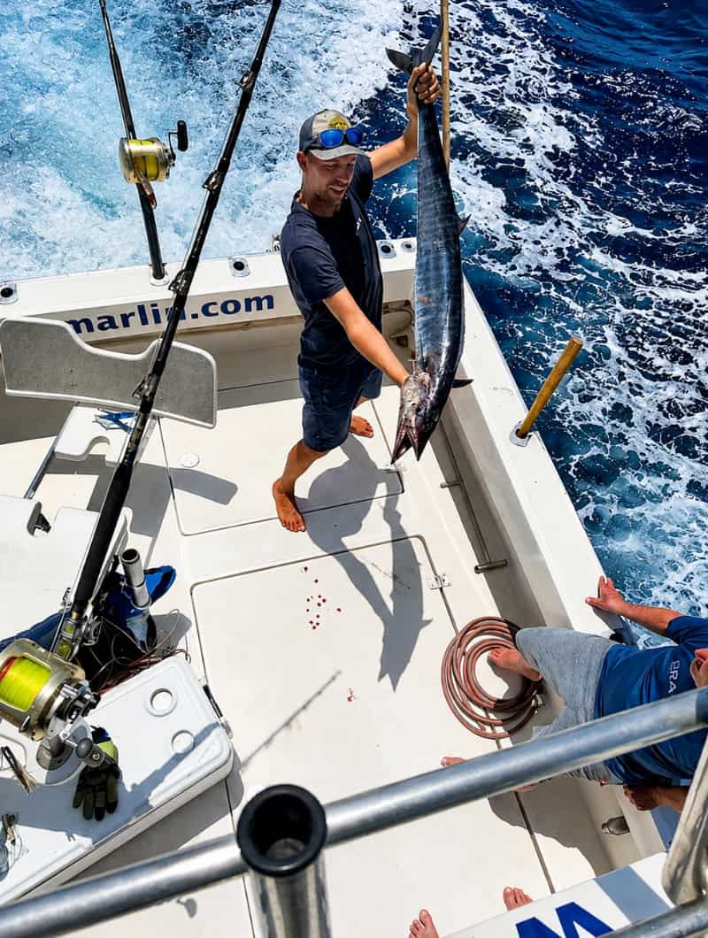 Guest holding a large fish on a big game fishing trip in Gran Canaria with fishing rods ready on board