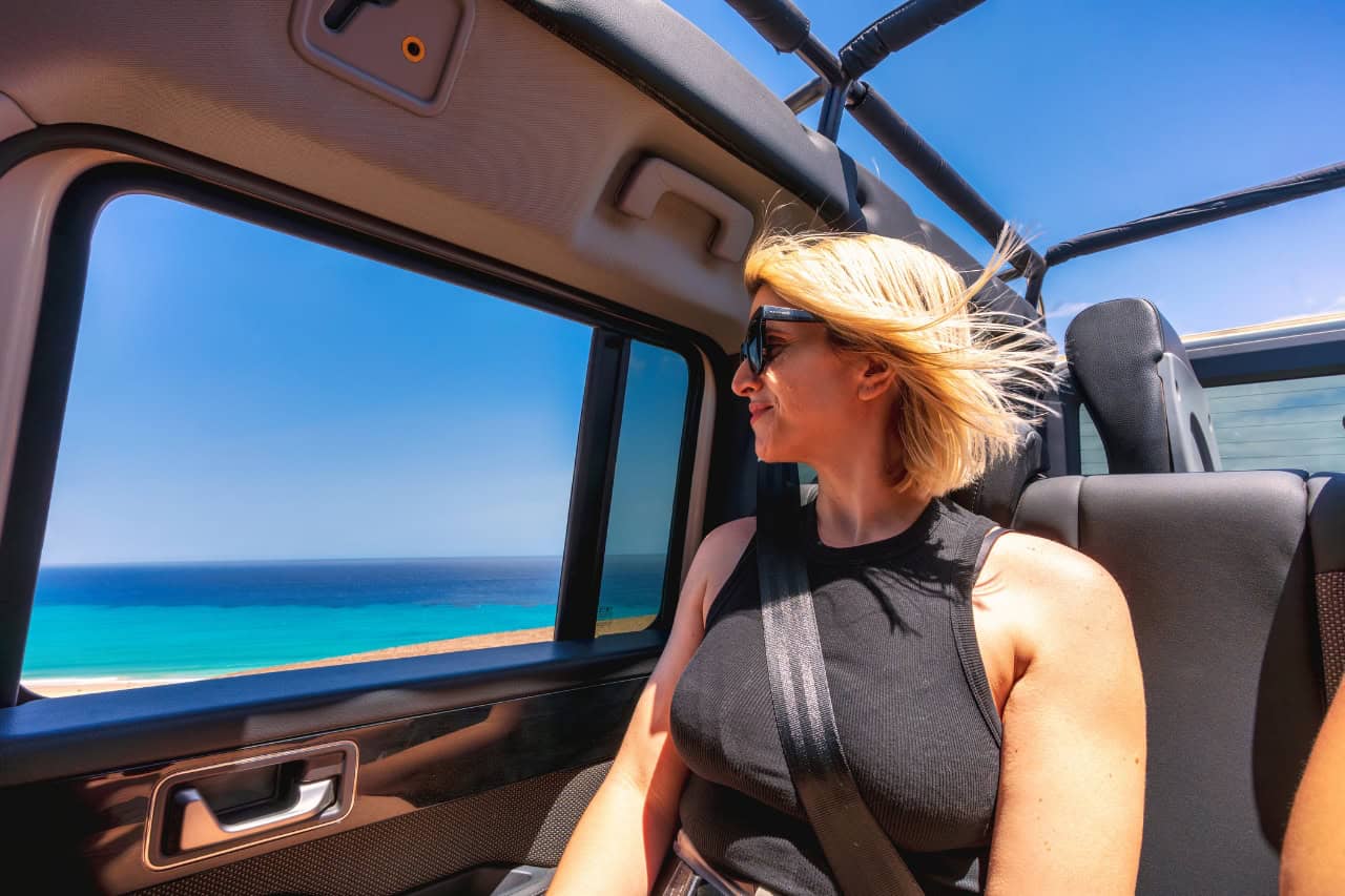 Jeep Safari Fuerteventura 4x4 on a coastal track with ocean views in the north of the island