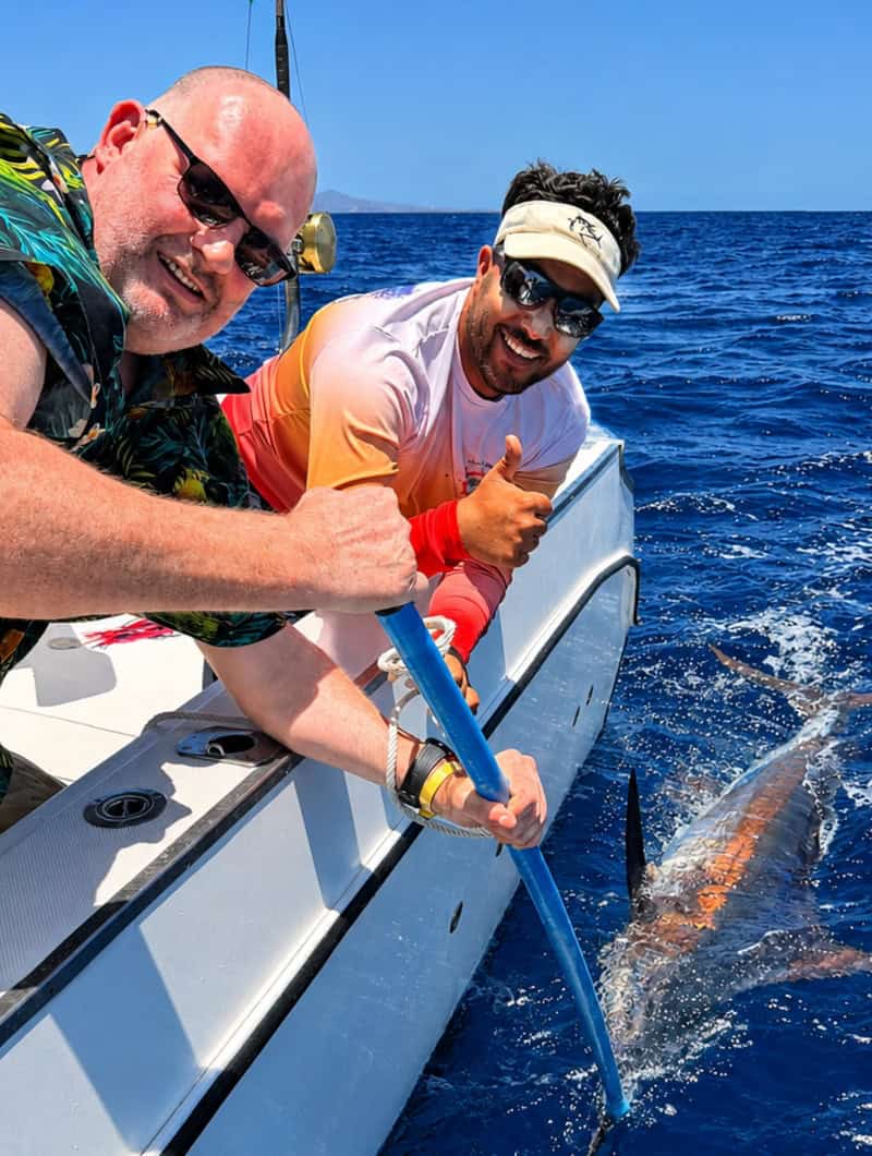 Fishing charter crew in Gran Canaria helping a guest handle a large big game fish beside the boat