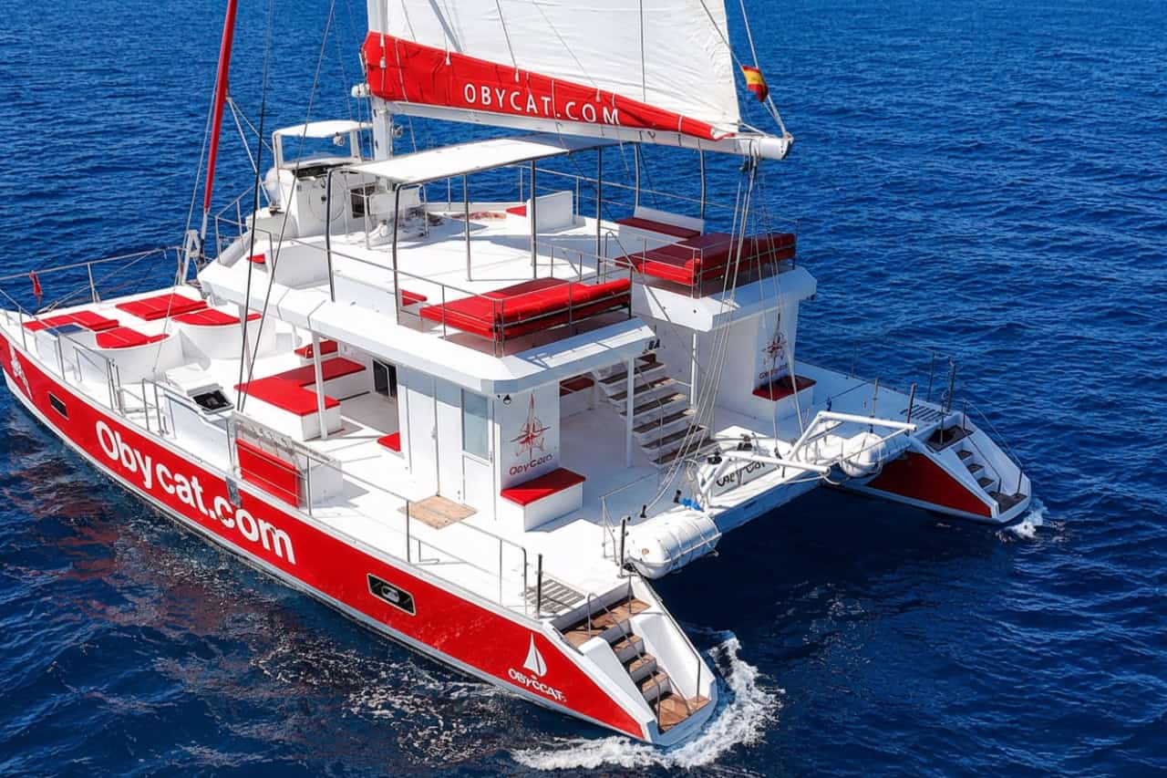 Vista aérea de un catamarán privado de lujo durante un alquiler de catamarán privado en Gran Canaria, que muestra amplias cubiertas para tomar el sol, asientos cómodos y huéspedes relajándose en el mar.