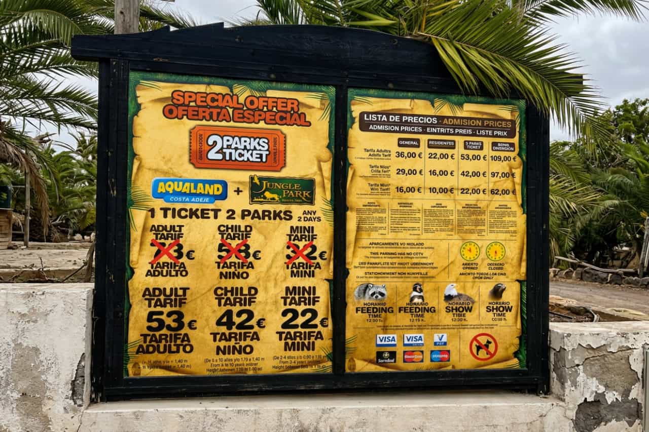Jungle Park Tenerife ticket price board at the entrance
