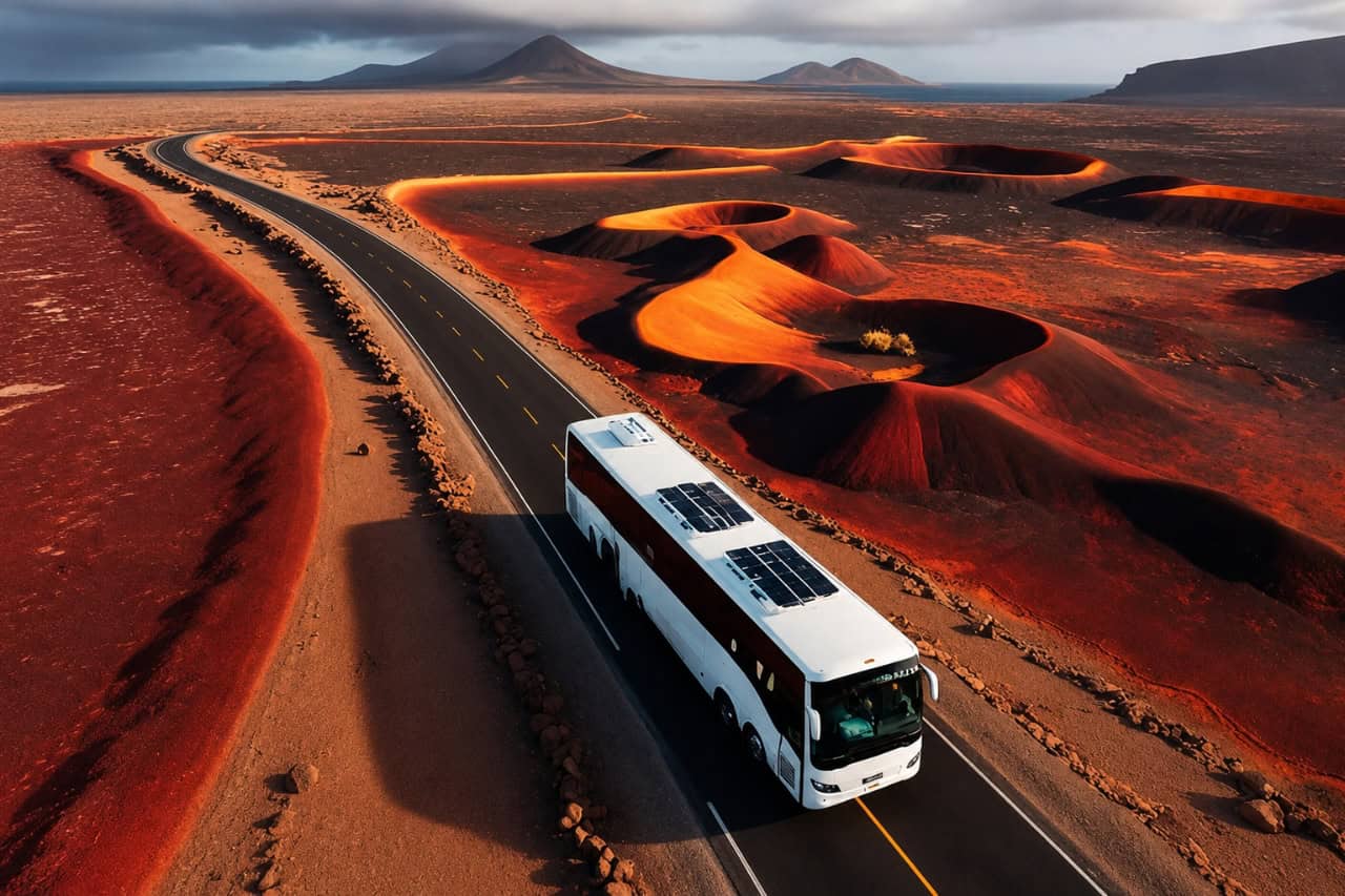Lanzarote island day tour coach in the volcanic landscape