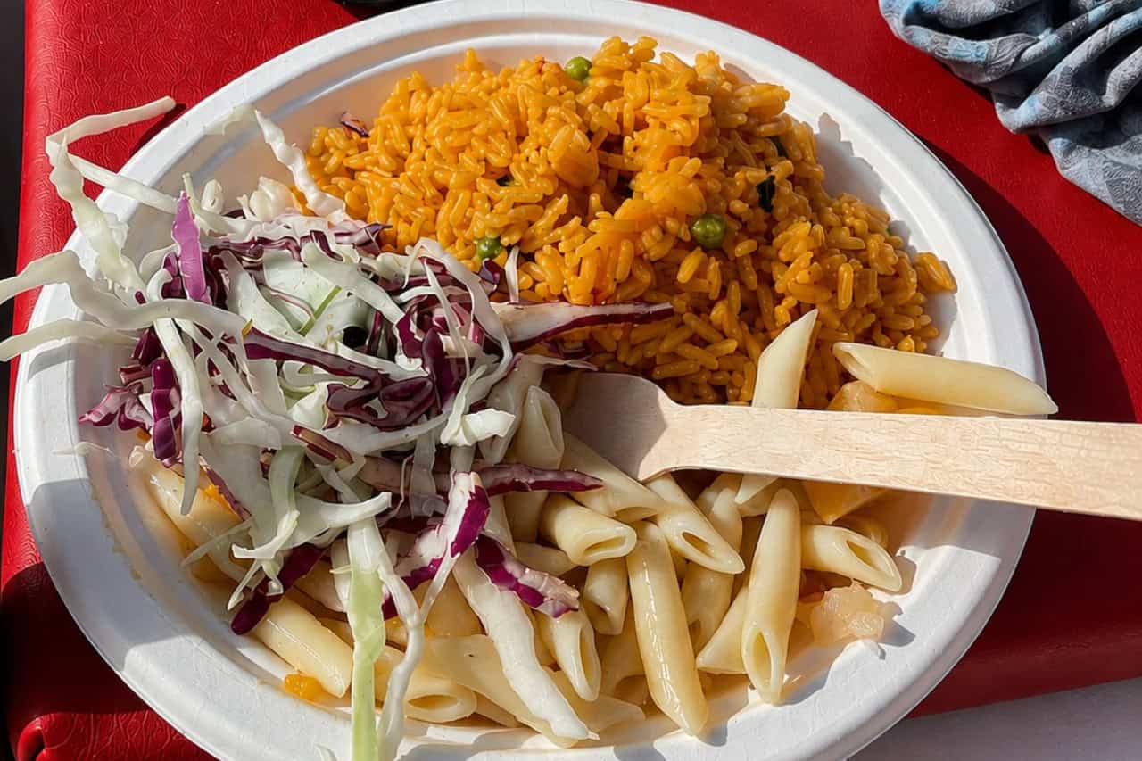Lunch with rice, pasta and salad served on the Maxicat