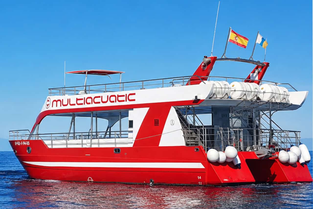 The Multiacuatic whale and dolphin watching catamaran on calm blue water off Puerto Rico, Gran Canaria.
